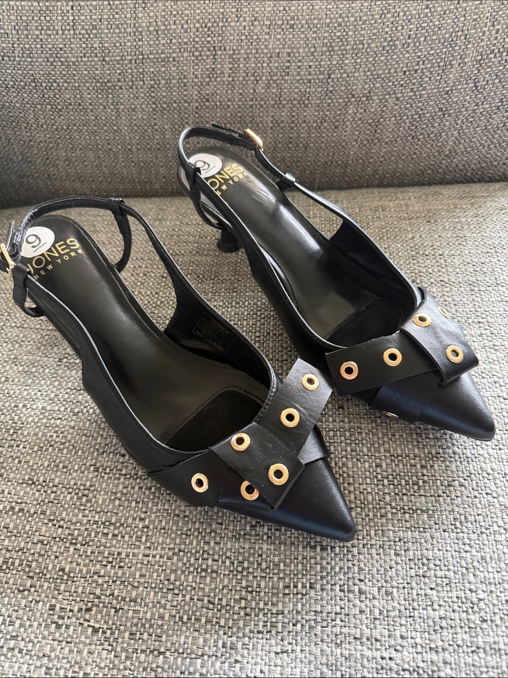 Jones New York Grommet Bow Kitten Heel Slingback Pumps Black Pointed Toe Size 9
